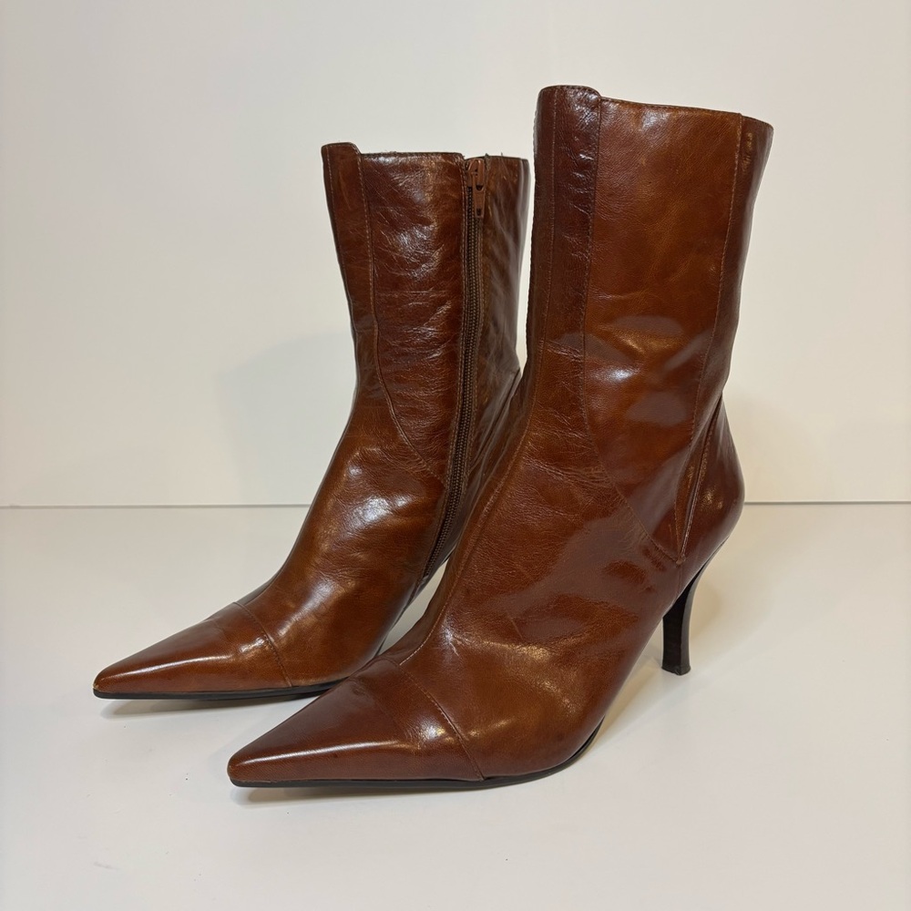 NINE WEST | Cognac Leather Pointed Toe Stiletto Mid Calf Boots | Size 8.5